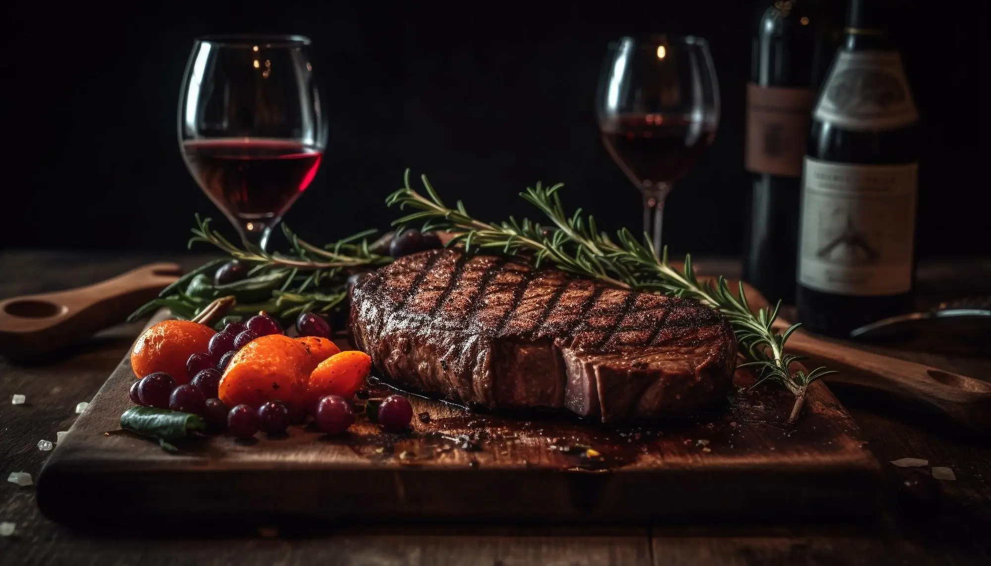Gegrilltes Steak mit Rosmarin, Rotwein und Weinflaschen